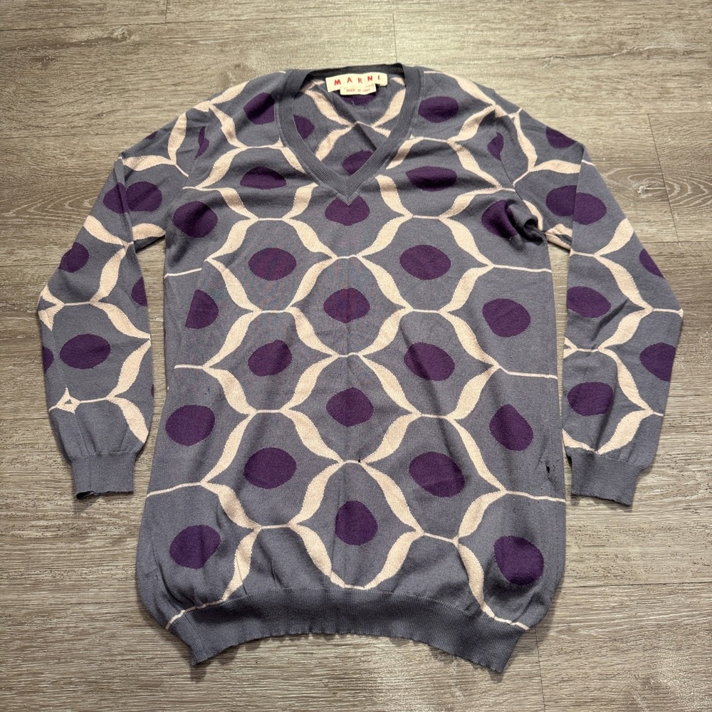 Marni Sweater Womens 40 Small Purple 100% Cashmere Geometric V Neck Italy Knit